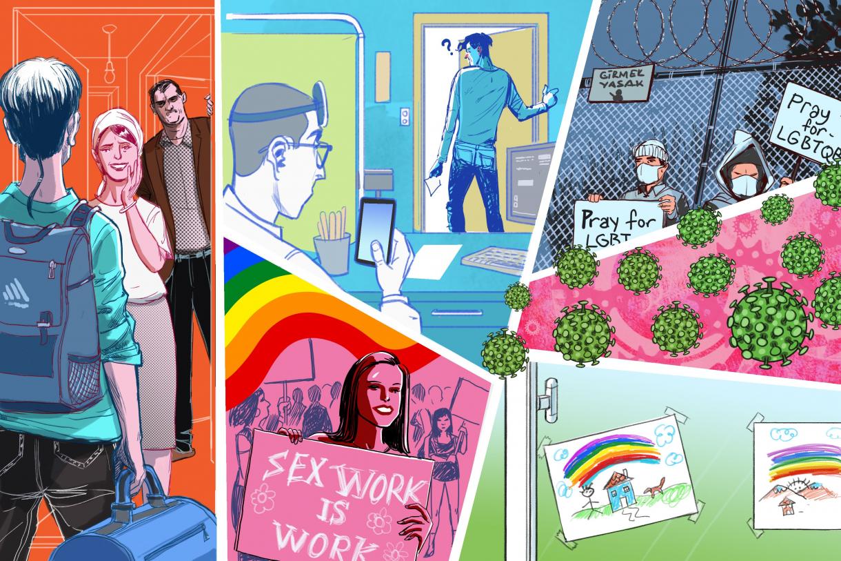 cenas que mostram pessoas lgbts em situações diversas, o desenho do covid-19 aparece no canto da tela, integrando a cena cenas que mostram pessoas lgbts em situações diversas, o desenho do covid-19 aparece no canto da tela, integrando a cena