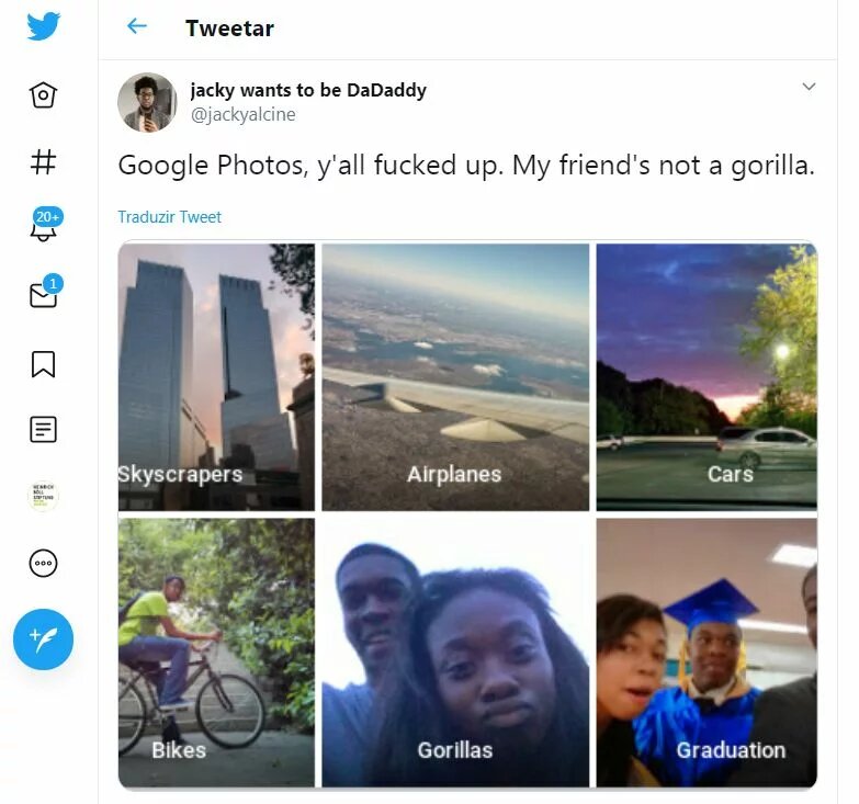 Twitt sobre o aplicativo de fotos do Google ter nomeado automaticamente imagens de duas pessoas negras com a palavra "gorilas"