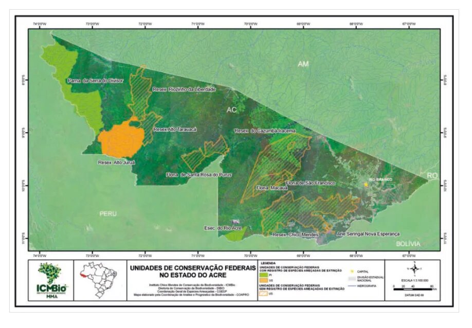 Figura 1. Mapa do estado do Acre com todas as reservas extrativistas e florestas nacionais.